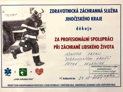 Poděkování first responderům JSDH Č. Velenice